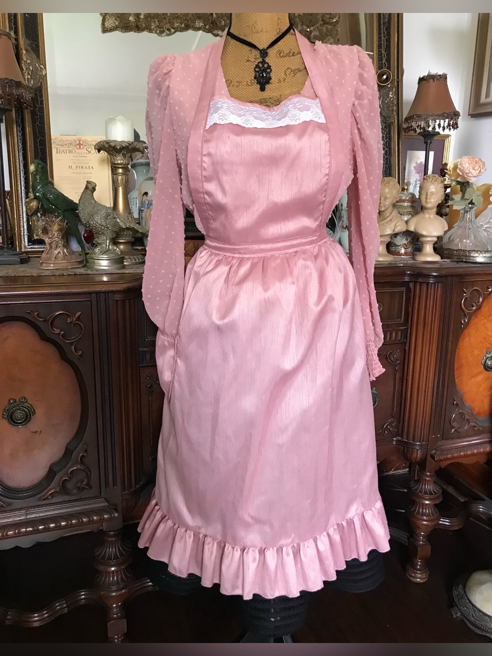 Vintage Romantic Sexy Victorian-inspired 40โs/50โs-inspired Pink Satiny Apron